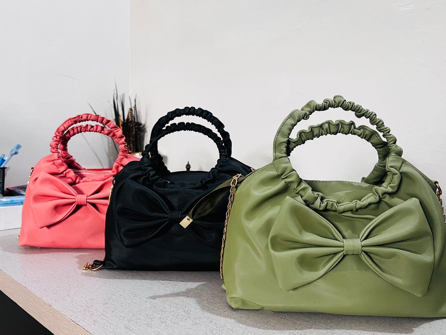 Twisted Bow Bag – Pink | Black | Moss Green